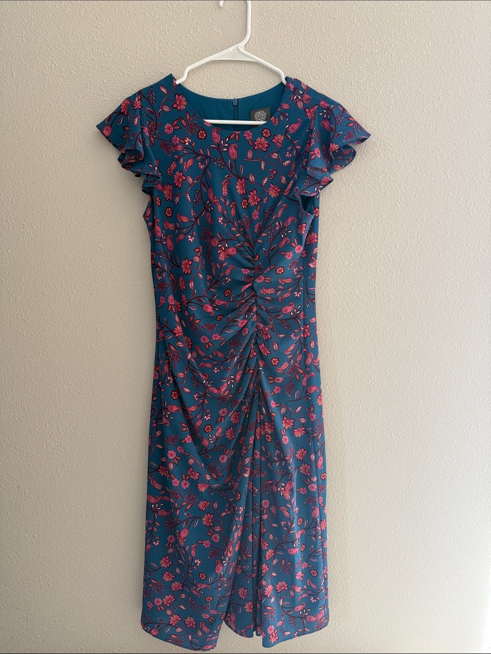 Vince Camuto Blue Floral Print, gathered front dress - size 8